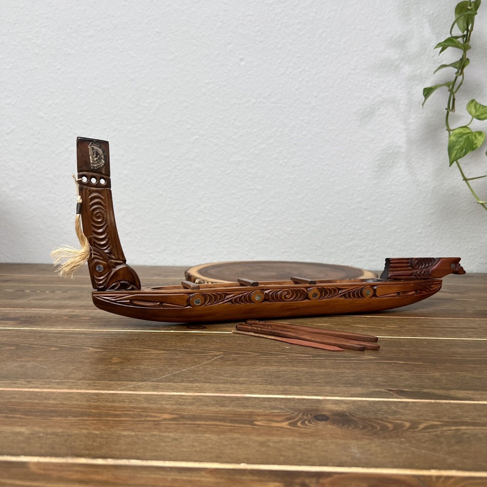 Hand Carved New Zealand Wood Waka Maori Warrior Canoe 3 Oars Inlay Signed