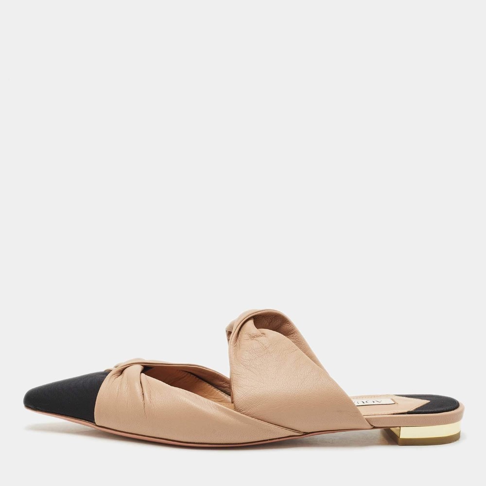 Aquazzura BeigeBlack Leather and Fabric Twist Cap Toe Mules Size 35