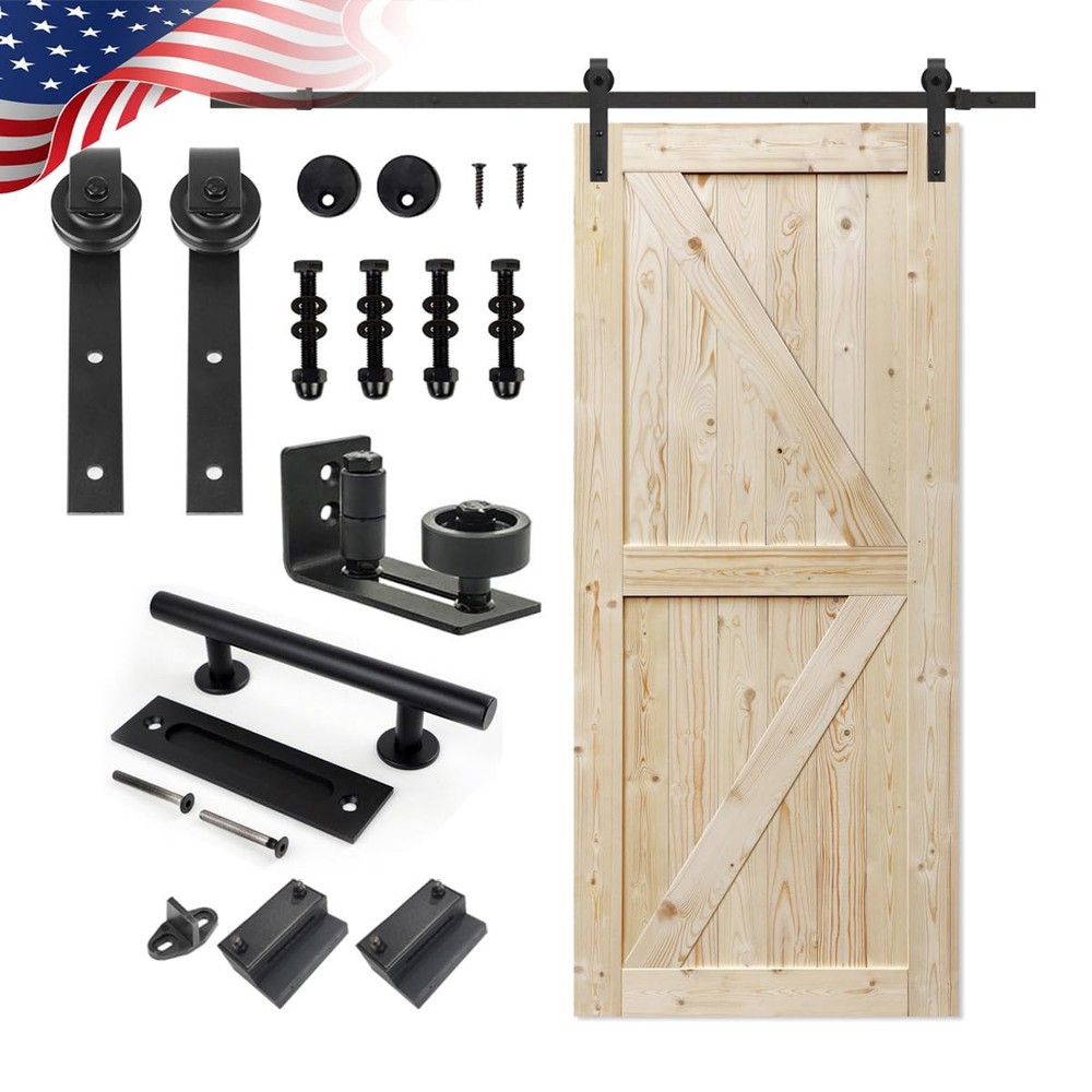 36 in. x 84 in. Unfinished British Brace Knotty Barn Door with 6.6FT Sliding ...