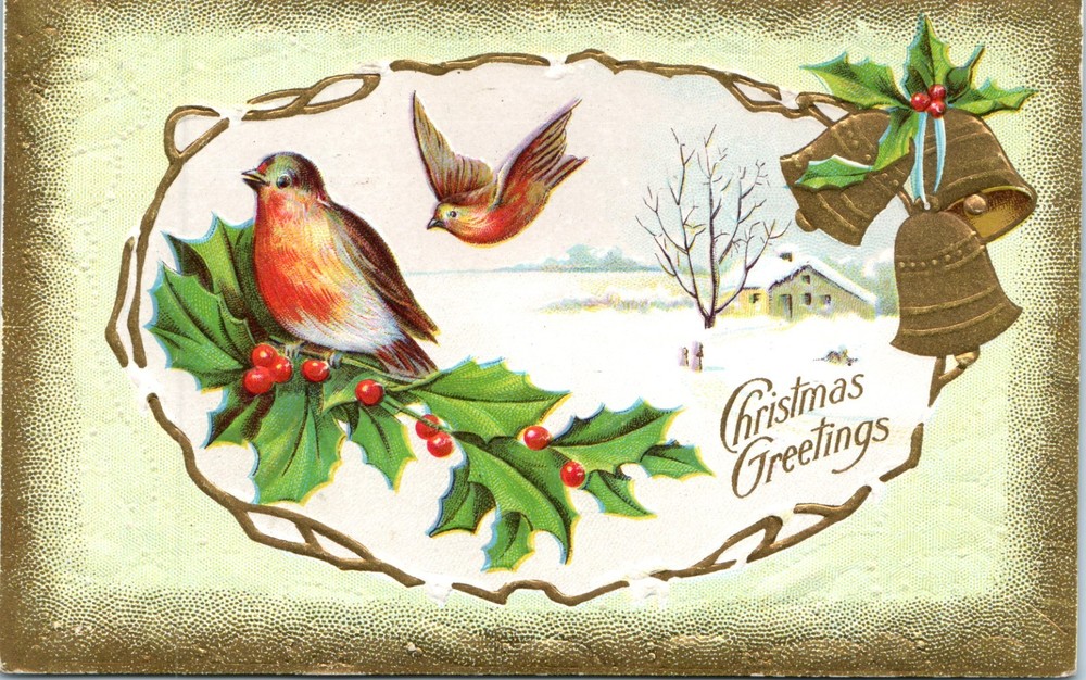 c1910s - Holly & Birds Golden Bells Winter Embossed Christmas - Postcard - P13