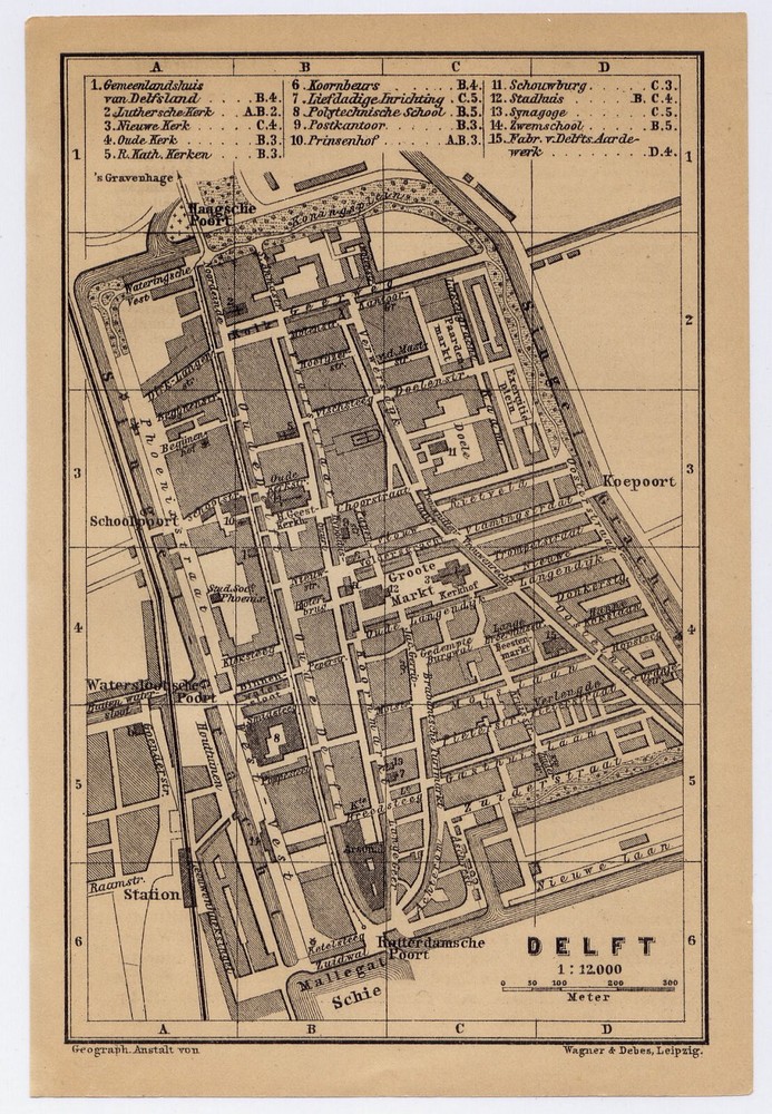 1900 Antique City Map Of Delft / Holland / Netherlands