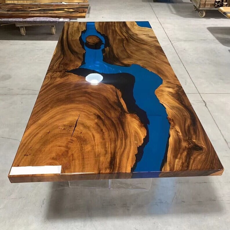 Dark Wood & Blue Epoxy Resin Conference Room Tabletop for Office Furniture Decor