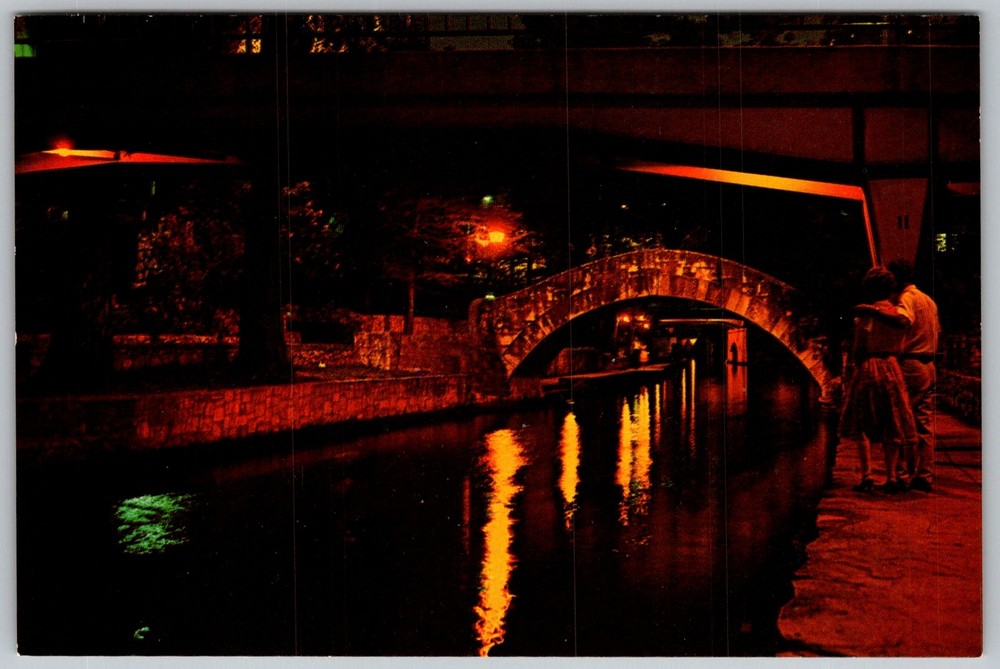 Vtg Postcard River Walk Night Bridge San Antonio, TX 1950s