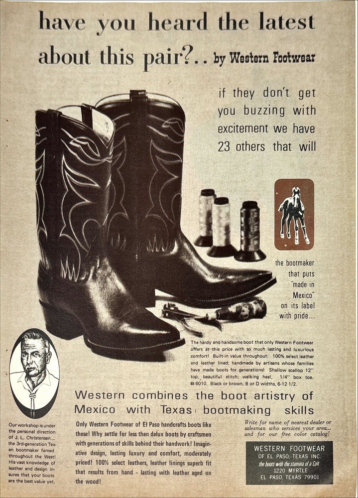 Western Footwear Cowboy Boots El Paso Texas Vintage Print Ad 1968