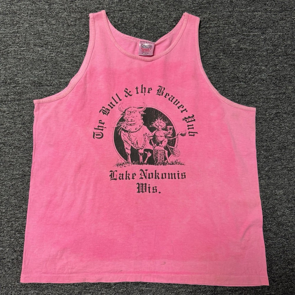 Vintage 90s Pink Faded Lake Nokomis Wisconsin Pub Tank Top Shirt Mens - Size XL