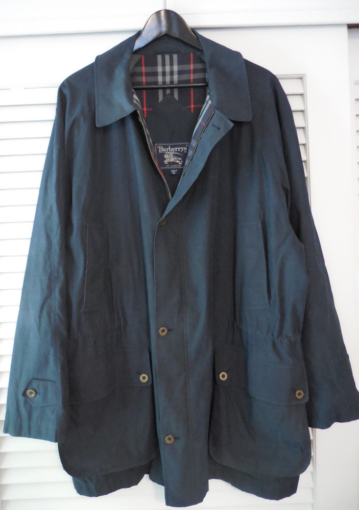 Burberry Jacket Mens X-Large Navy Check Lined Lightweight Flap Pockets Authentic