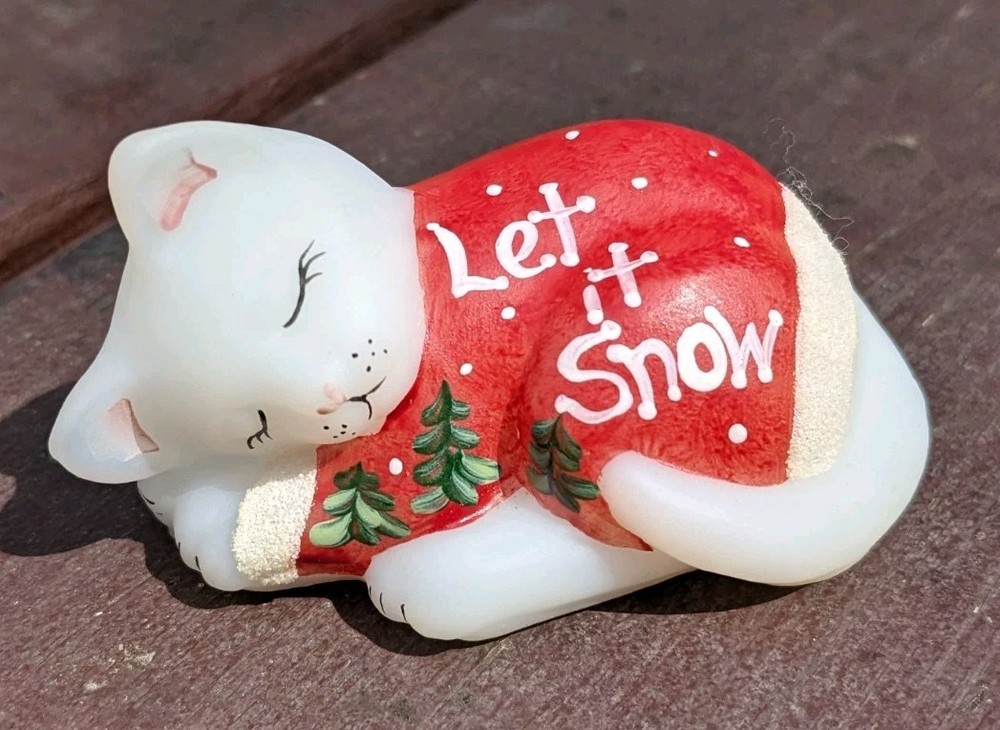Fenton Sleeping Christmas Cat White Satin Glass 