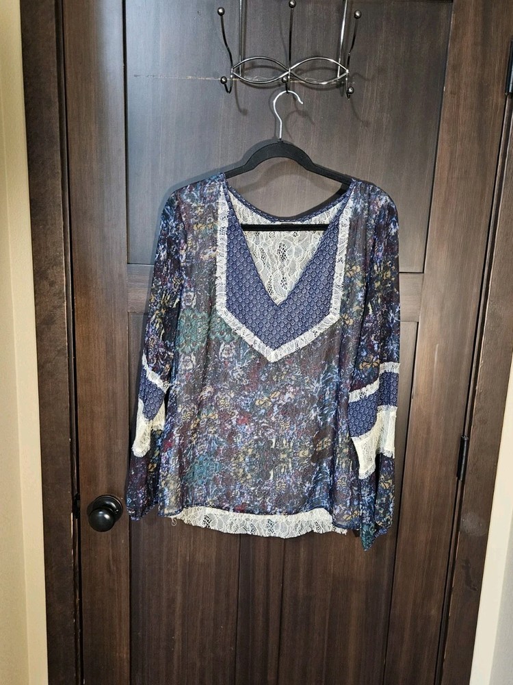 EUC Women's BKE Gimmicks Boho Peasant Lace Chiffon Blouse Top Size Large