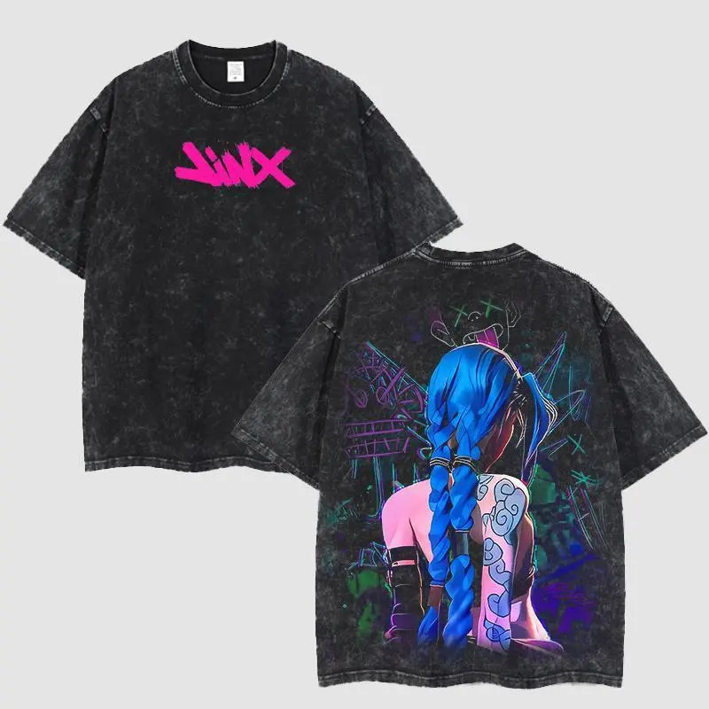 Retro Vintage Jinx × Powder Arcane: League of Legends Washed T-shirt Game Cotton