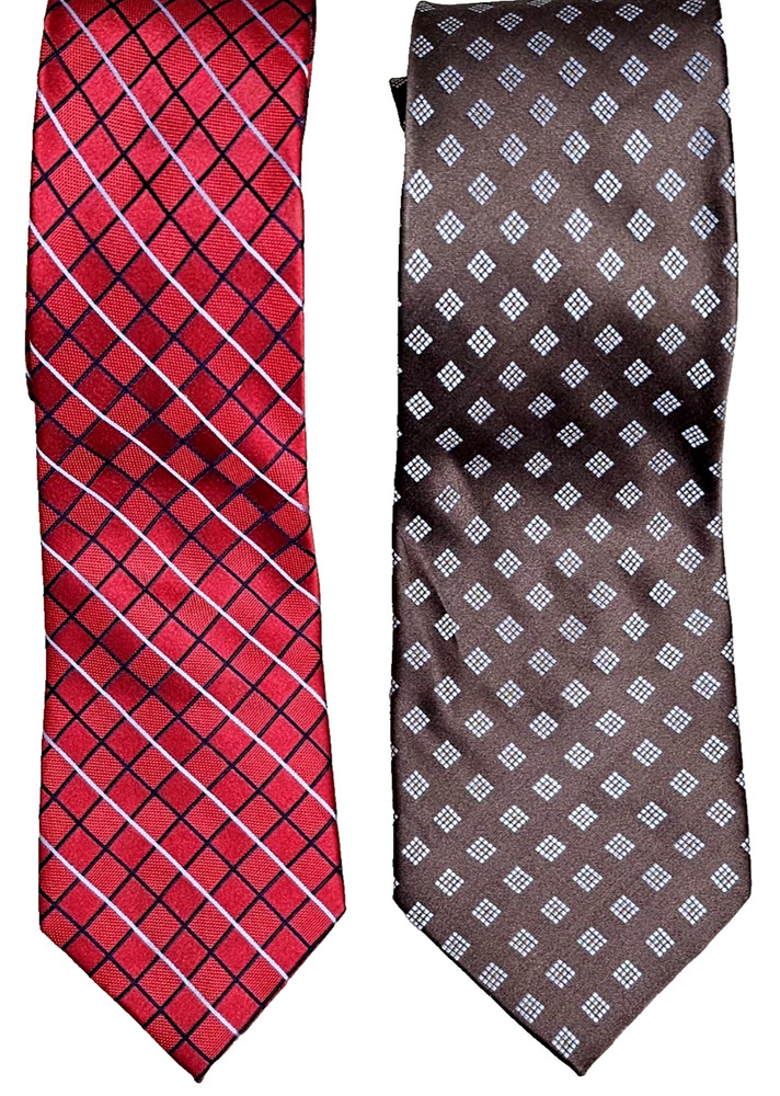 IZOD Men’s 100% Silk Necktie Set of 2 Red Plaid and Brown Geometric Silk Ties