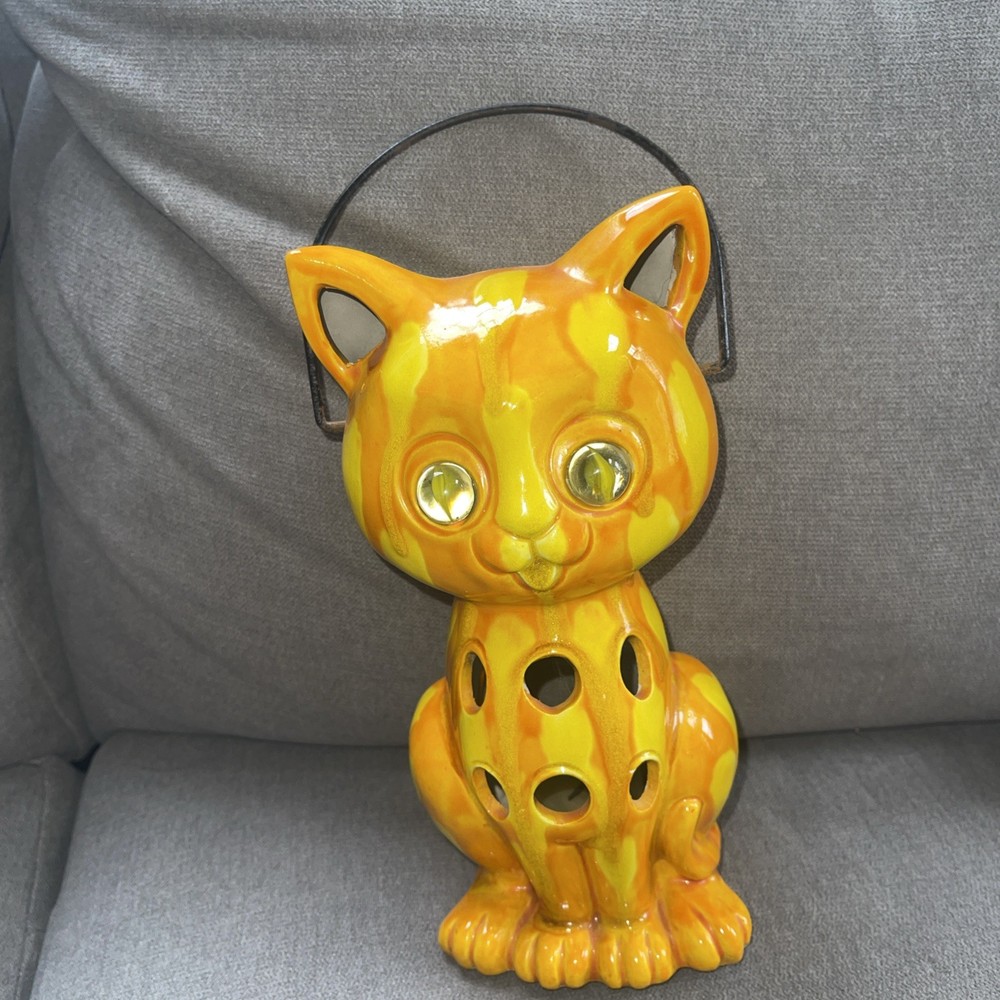 Vintage 1960's Japanese Drip Glazed Cat Lantern/Candle Holder Inarco MCM incense