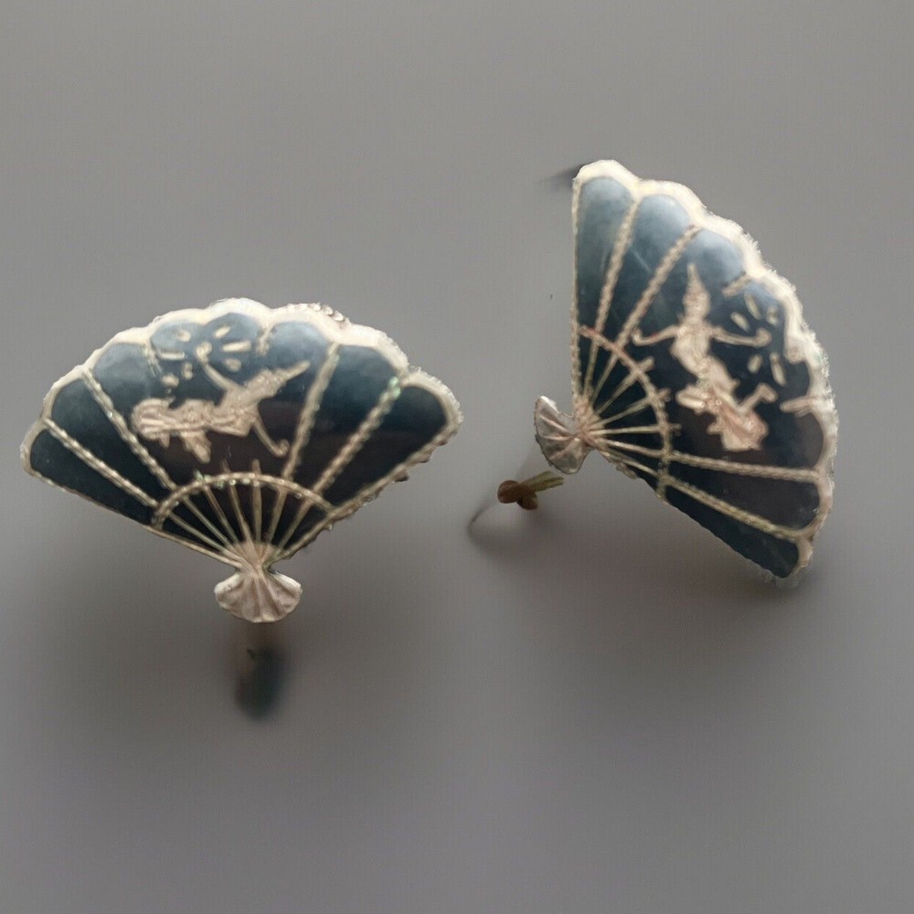 Vintage Siam Niello 925 Sterling Silver Thai Dancer Screw Back Earrings