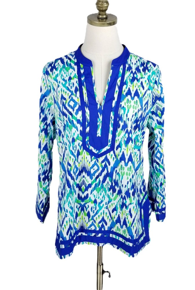 Soft Surroundings Blue Green Abstract Cotton Summer Blouse Size PM Split Neck