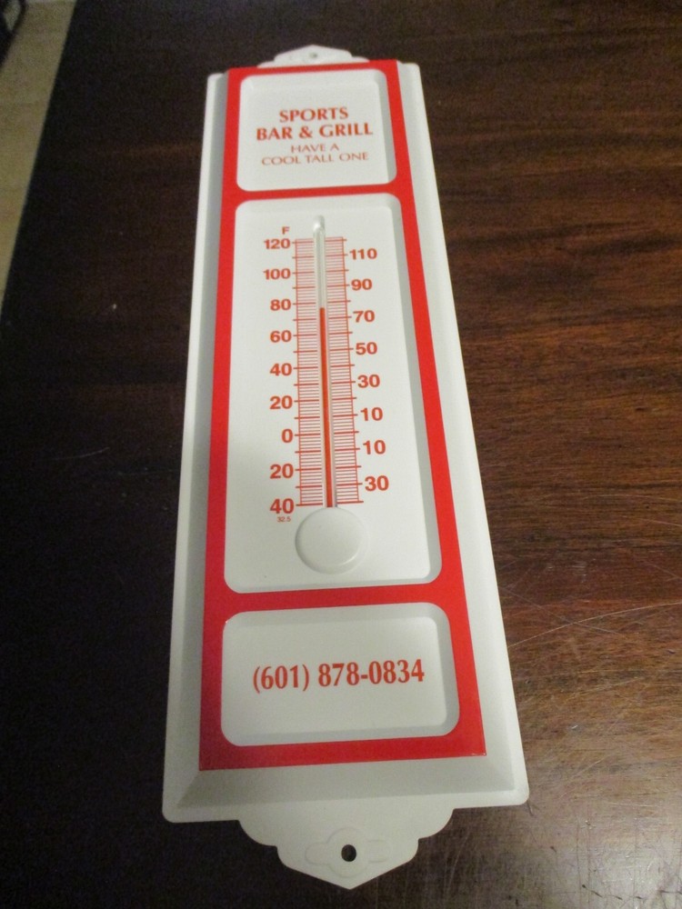 SPORTS BAR & GRILL HAVE A COOL TALL ONE ADVERTSIING PLASTIC VINTAGE THERMOMETER