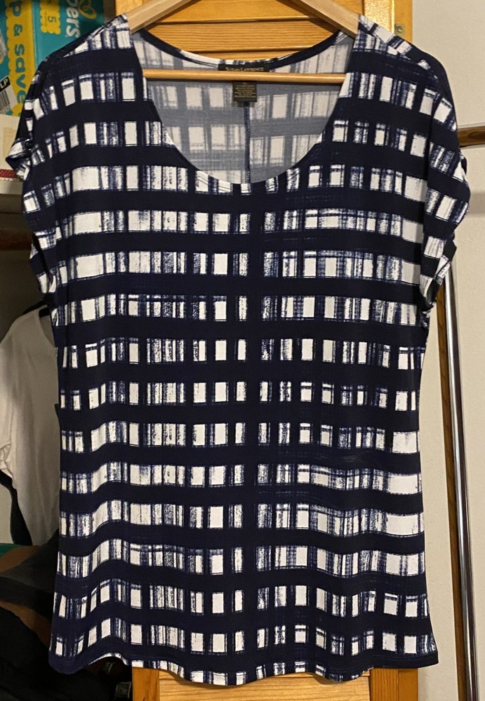 SUSAN LAWRENCE Navy Blue/White/Violet Grid Abstract Geometric Print Top XL