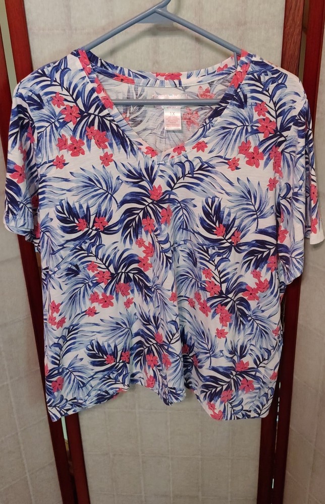 Style & Co Women's White Blue Pink Tropical Floral V-Neck Short Sleeve Top 1X