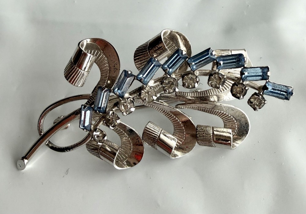 Vintage Signed CA Arrow Sterling Silver Blue Rhinestone Floral Spray Brooch Pin