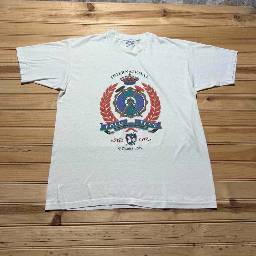 Vintage 1992 International Polo Team St. Thomas USVI Graphic T-Shirt USA Large