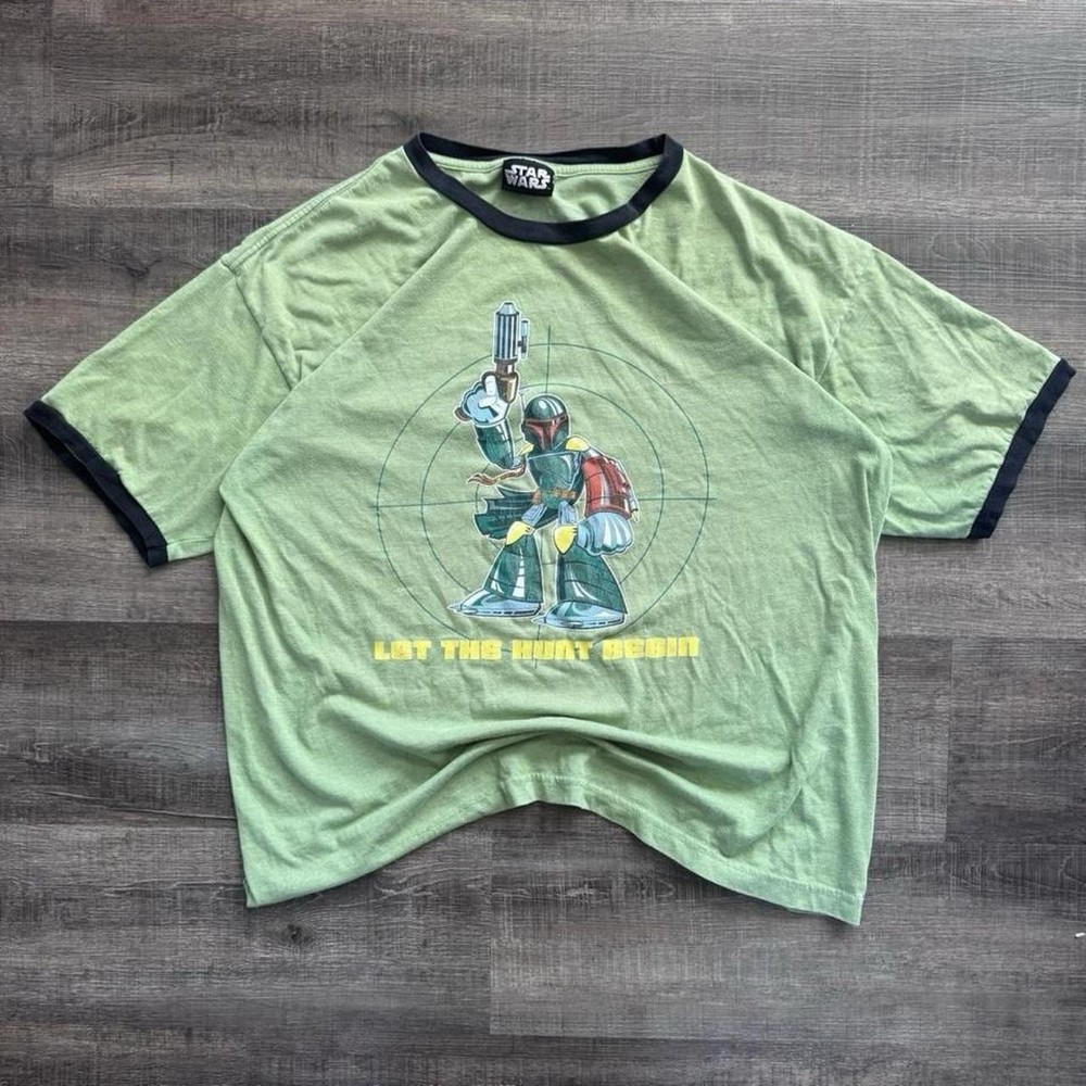 VTG Y2K Boba Fett Star Wars 'Let The Hunt Begin' Slogan Ringer Graphic Tee Shirt