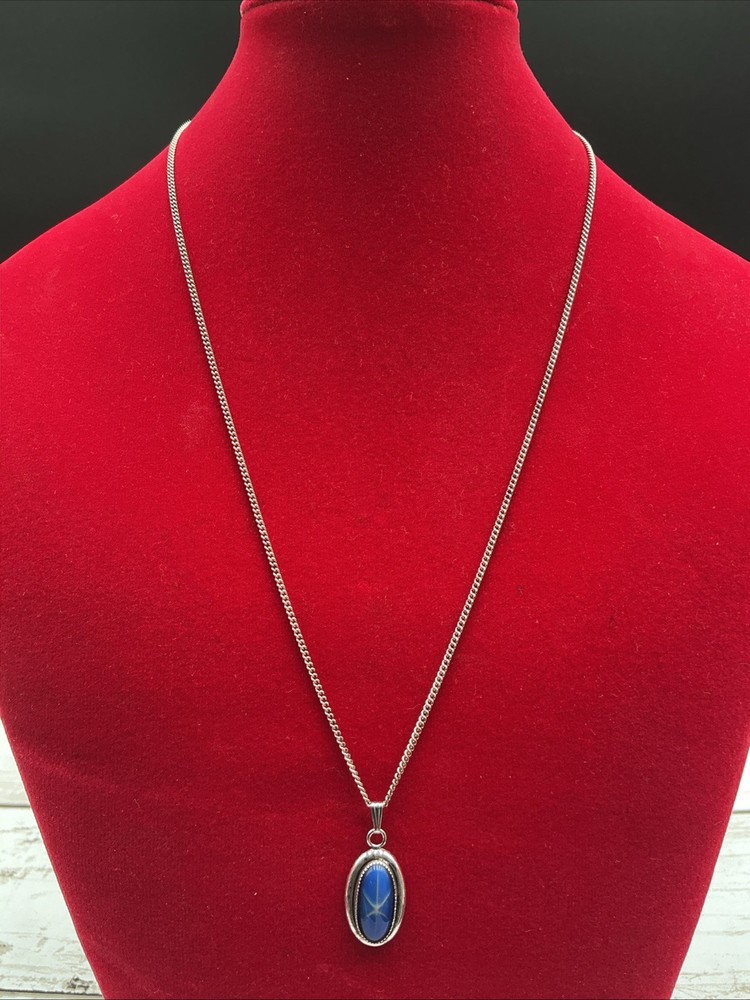 Vintage 925 Sterling Silver Lapis Lazuli Oval Cabochon Pendant Necklace