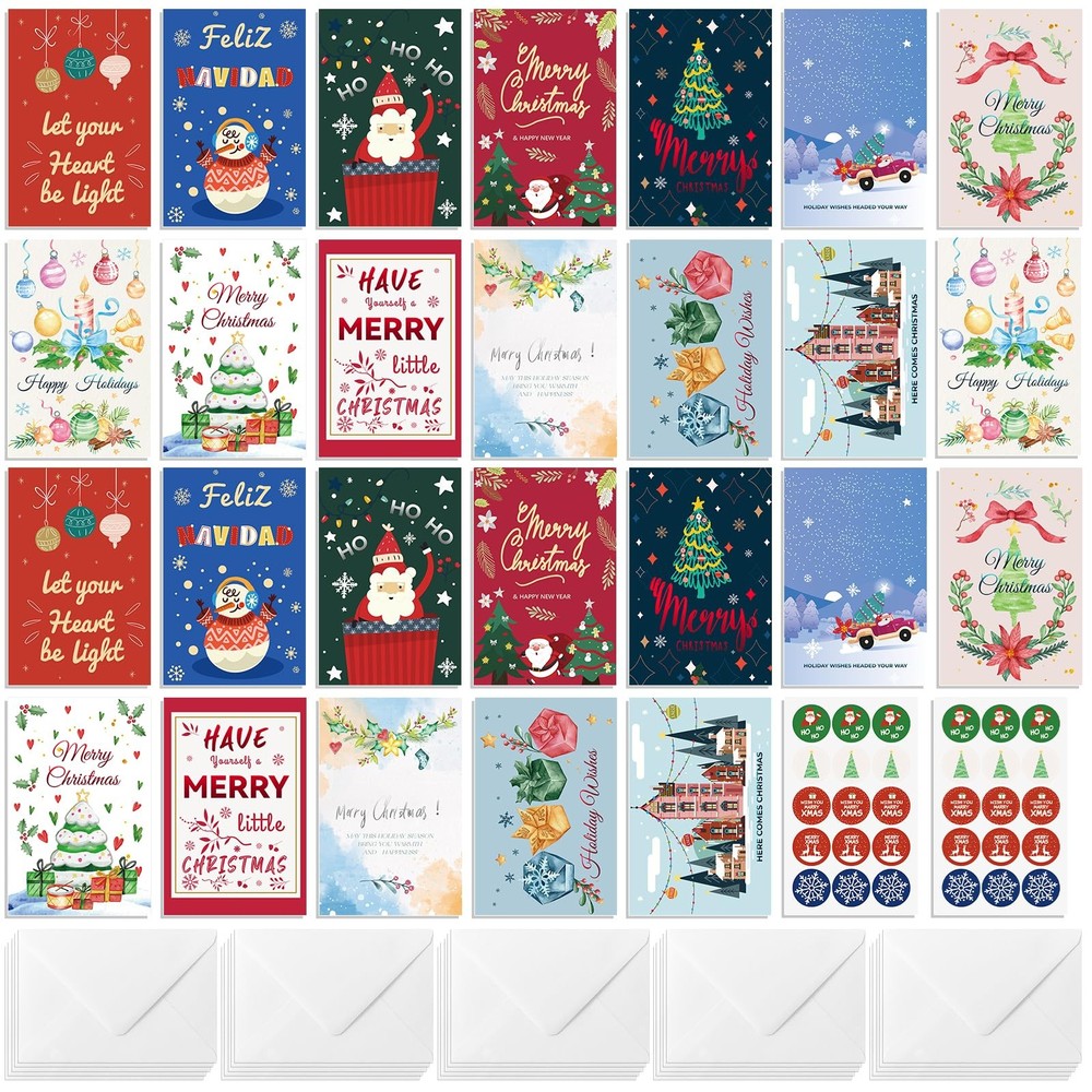 26 Pack Christmas Cards with Envelopes and Stickers, Christmas Greeting Cards