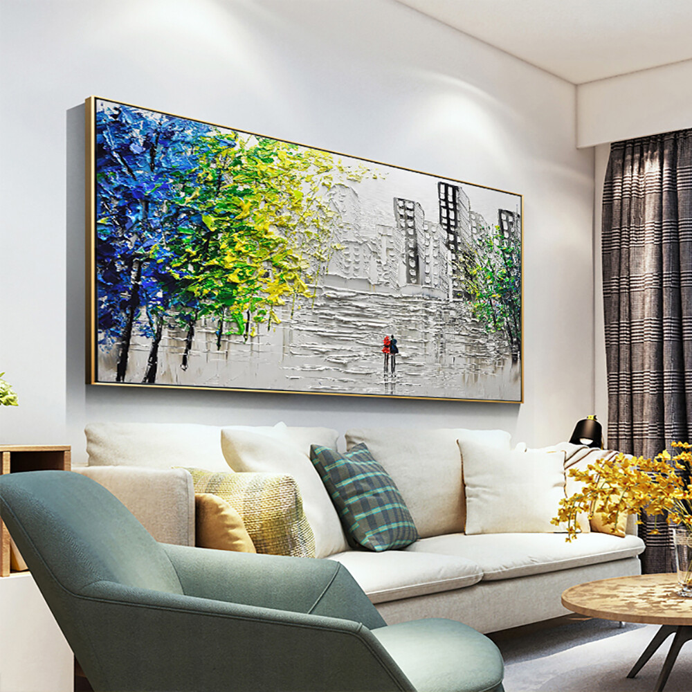 Handmade Canvas Painting Wall Art Abstract City Landscape Picture Living Room