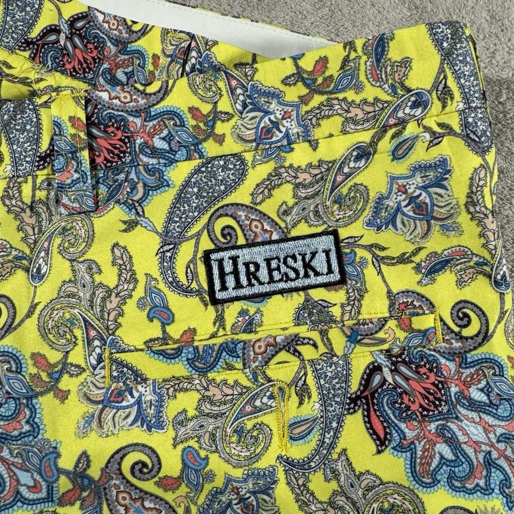 Hreski Golf Shorts Mens 38 Paisley Yellow Blue Flat Front Pockets Stretch