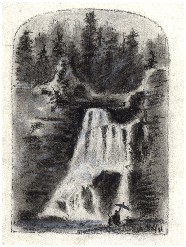 Decor B & W Poster. Waterfall Drawing. Fine Nature Graphic Art Design. 1475