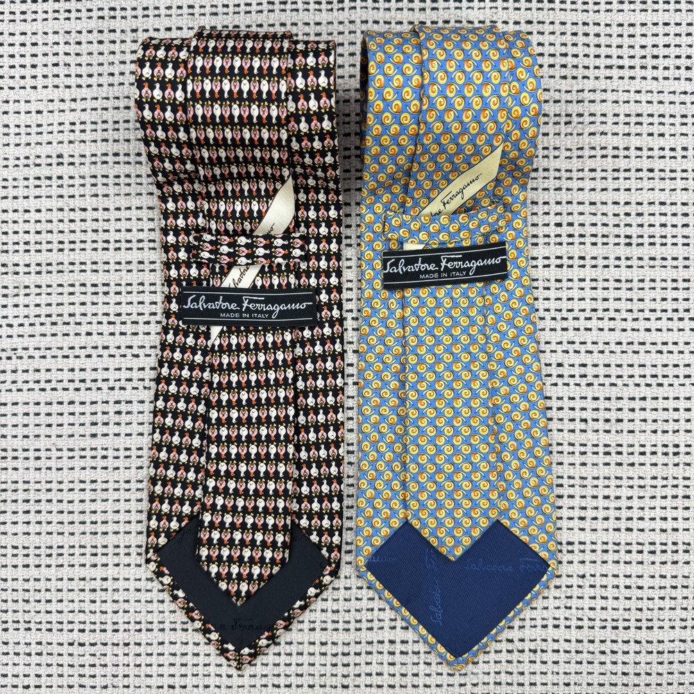 Lot Of 2 Salvatore Ferragamo Tie Silk Necktie Animal Design Multi Color Italy
