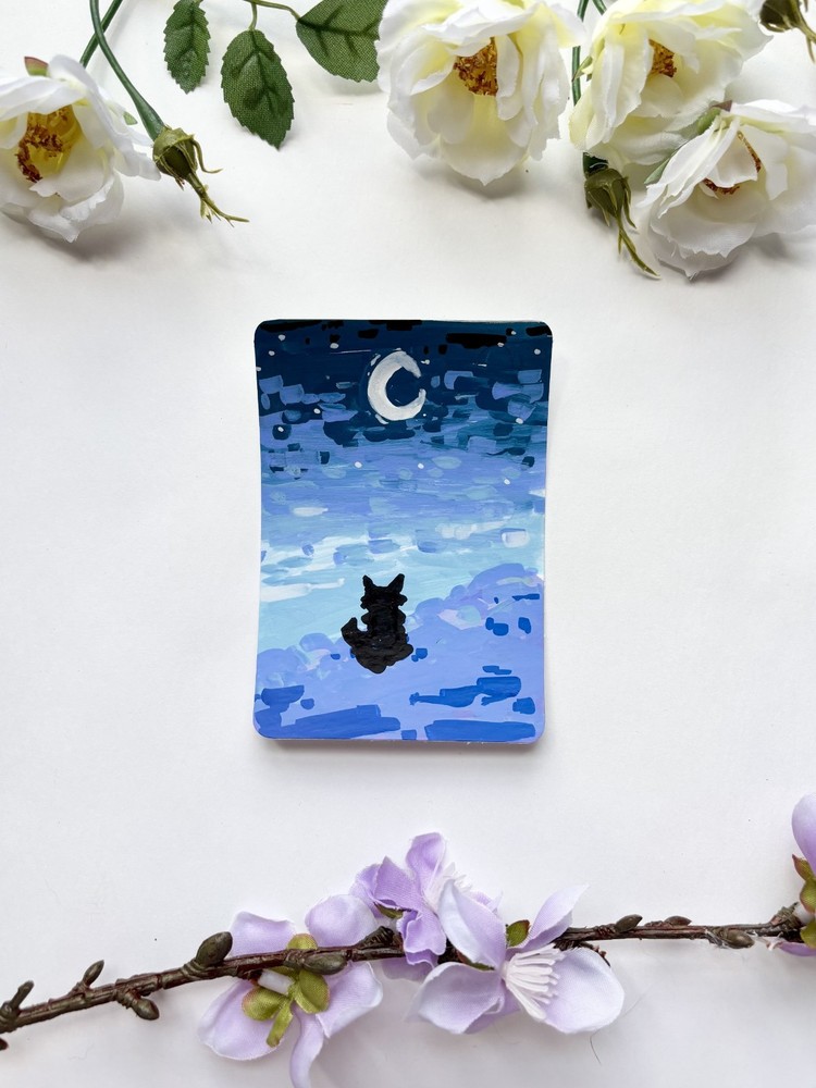 ACEO Original ATC - Cat in Meadow Watching the Night Sky - By Lennox Studio Art