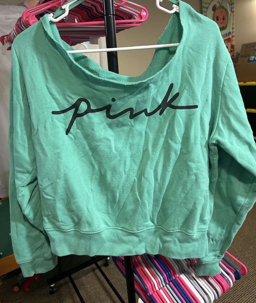 PINK Victoria's Secret Women's Green Logo Pullover Sweatshirt Wide Neck