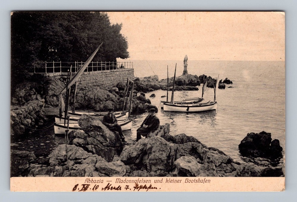Croatia- Abbazia Kvarner Bay Boats Coastline Madonna Statue Old Vintage Postcard