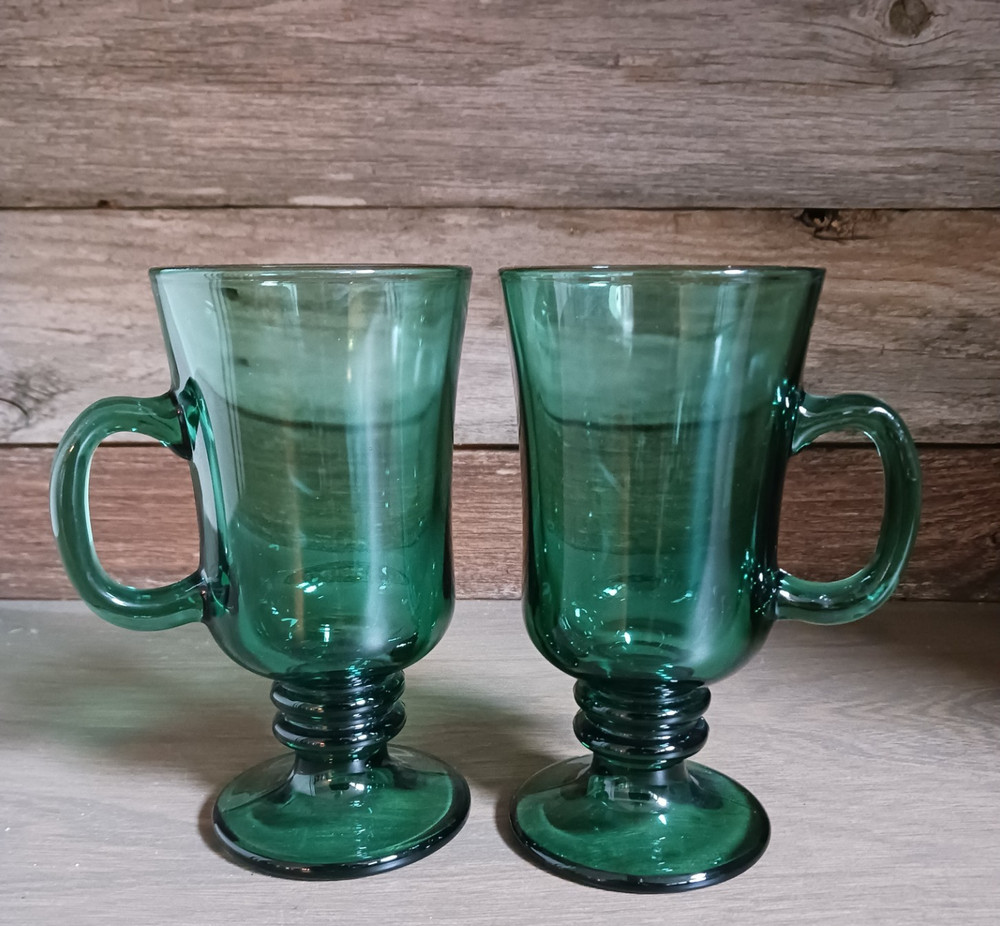 Vintage Libbey Juniper Green Footed Gold Rim Irish Coffee Mug Set of 2