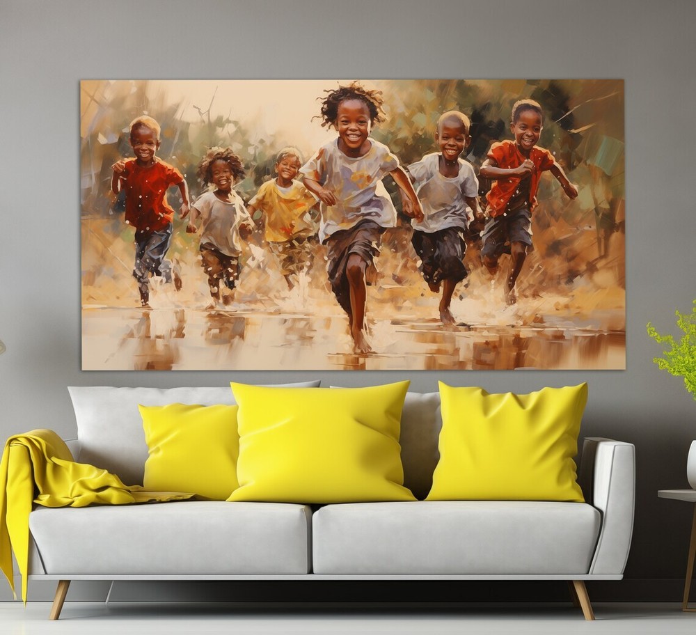 Happy Running Kids Oil Painting Ethnic Wall Art Canvas Unframed Print Art
