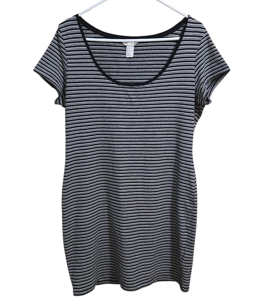 H &M Basic Womens T Shirt Dress Size Large Short Sleeve Above Knee Black/White