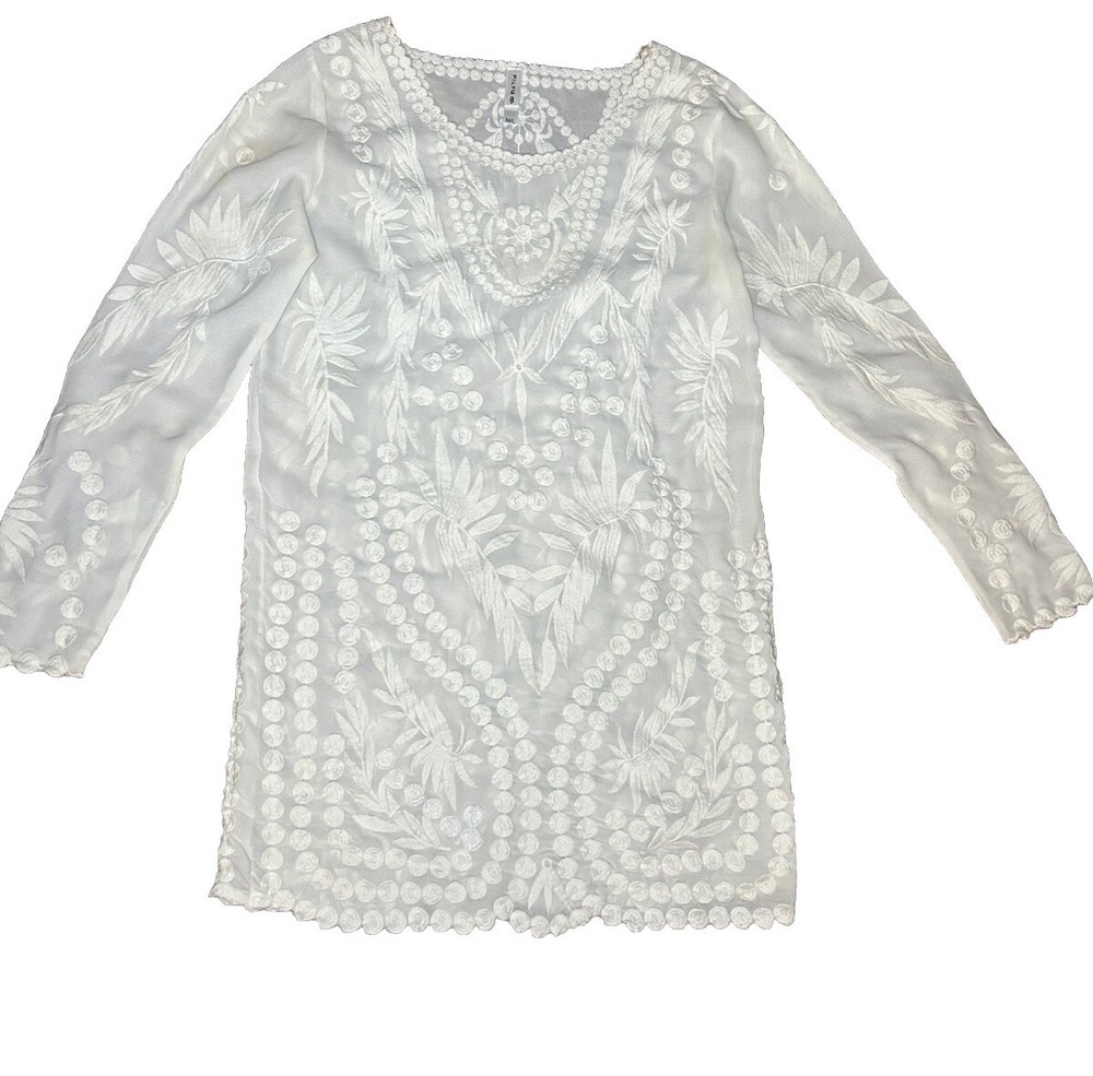 PilyQ Womens Lace Long Sleeve Pullover Swimwear Coverup White Size M/L