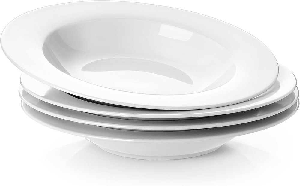 Soup Bowls, Pasta Bowl Set of 4, White Shallow Bowl Plates, Porcelain Rimmed Bow
