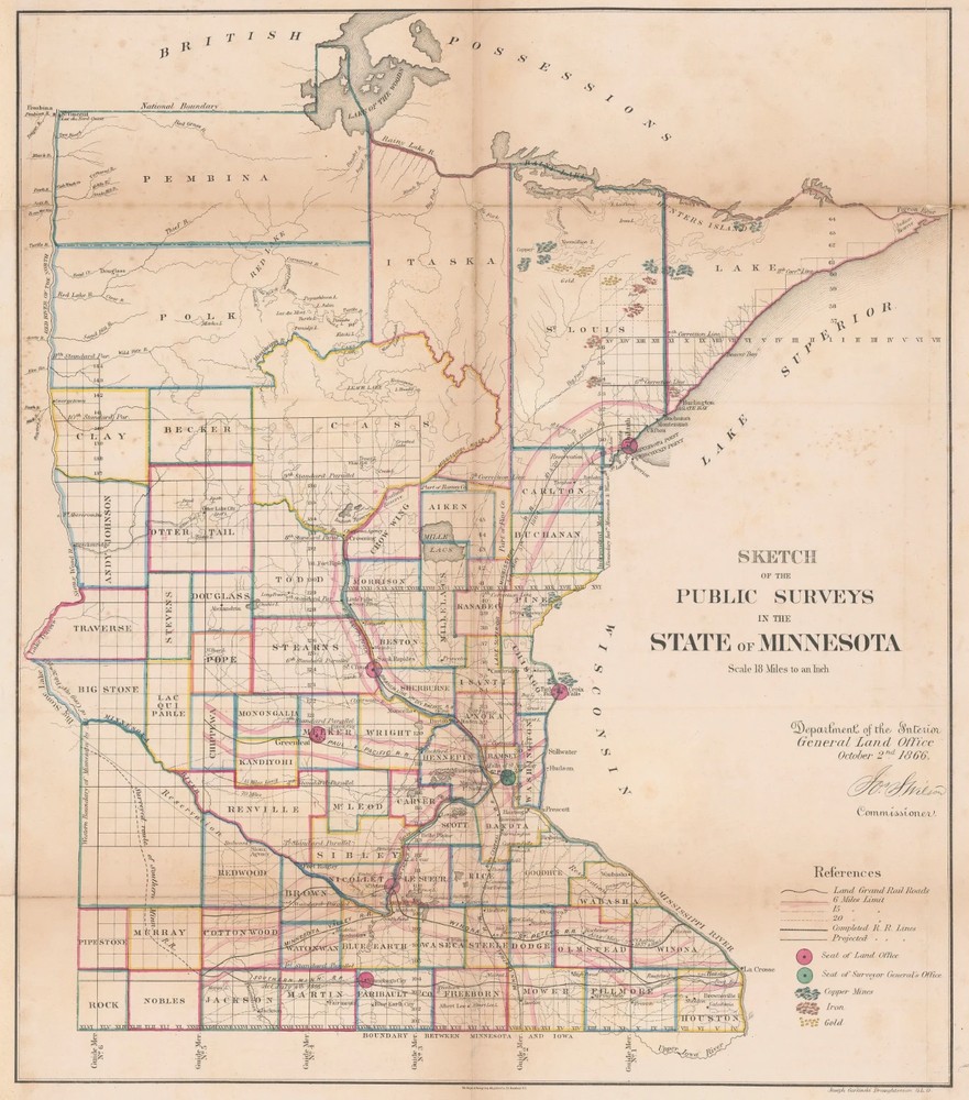 Map Of Minnesota USA 1866 Vintage Historic Map Poster Print