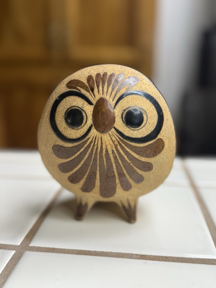 Tonala Owl Figurine Vintage Mexican Folk Art, Hand-Painted Ceramic Pottery