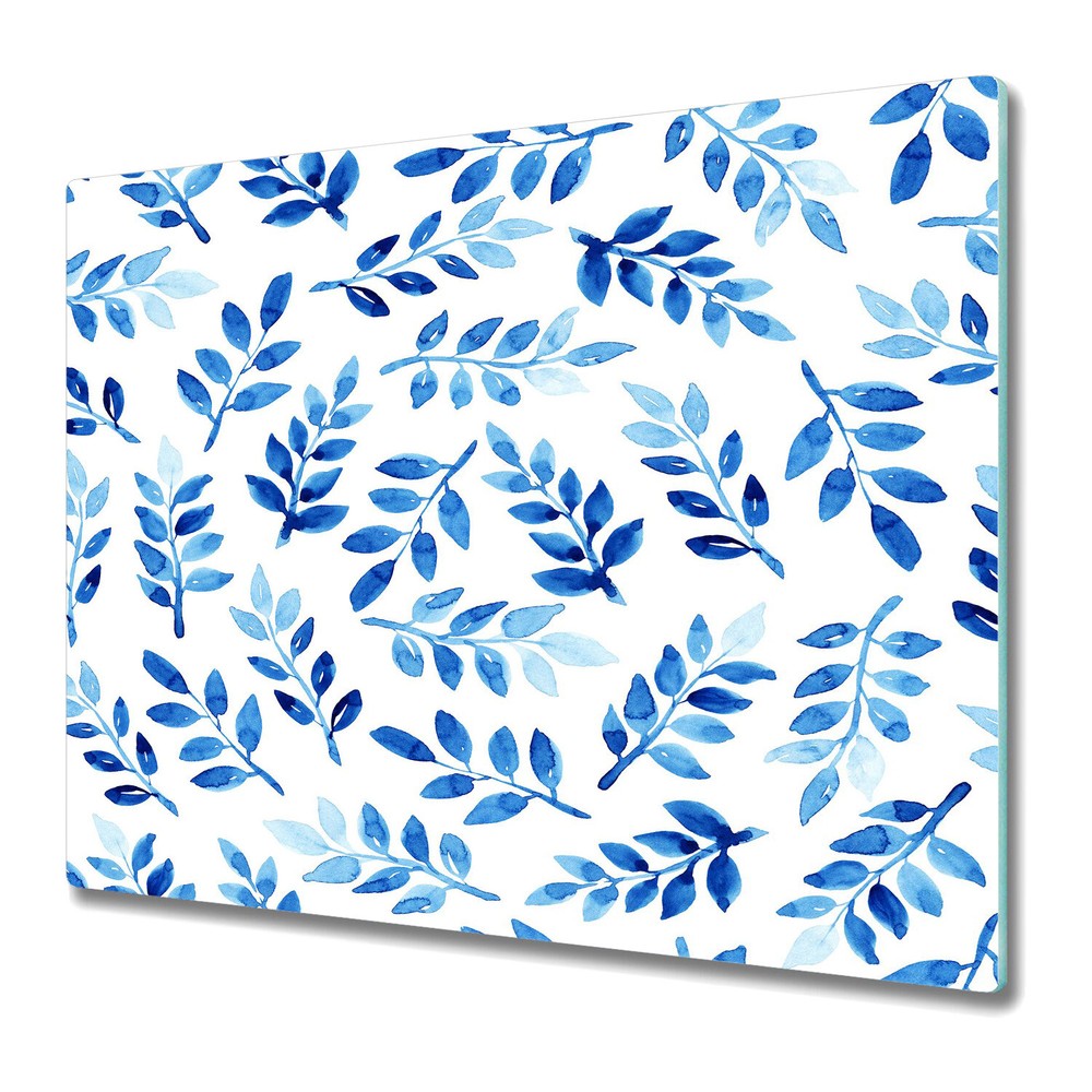 Glass Induction Ceramic Hob Cover Blue Watercolour leaves blue 60x52