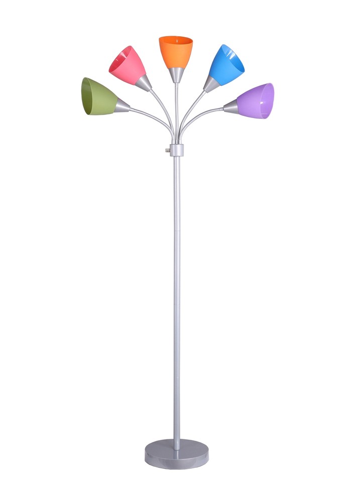 5 Light Floor Lamp, Multi-Color Shades, Metal Silver Finish, Modern, Young Adult