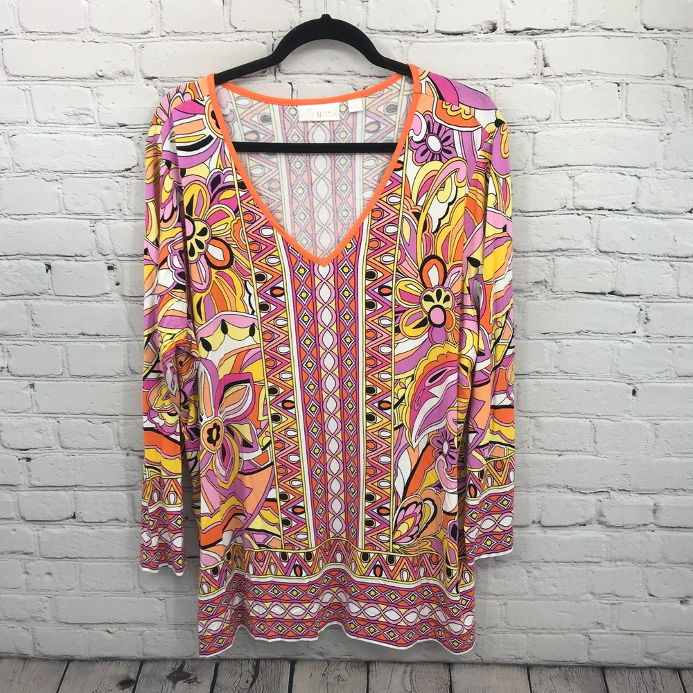 Belle by Kim Gravel Top 1X Pink Floral V-Neck Tunic Long Sleeve Casual Stretch