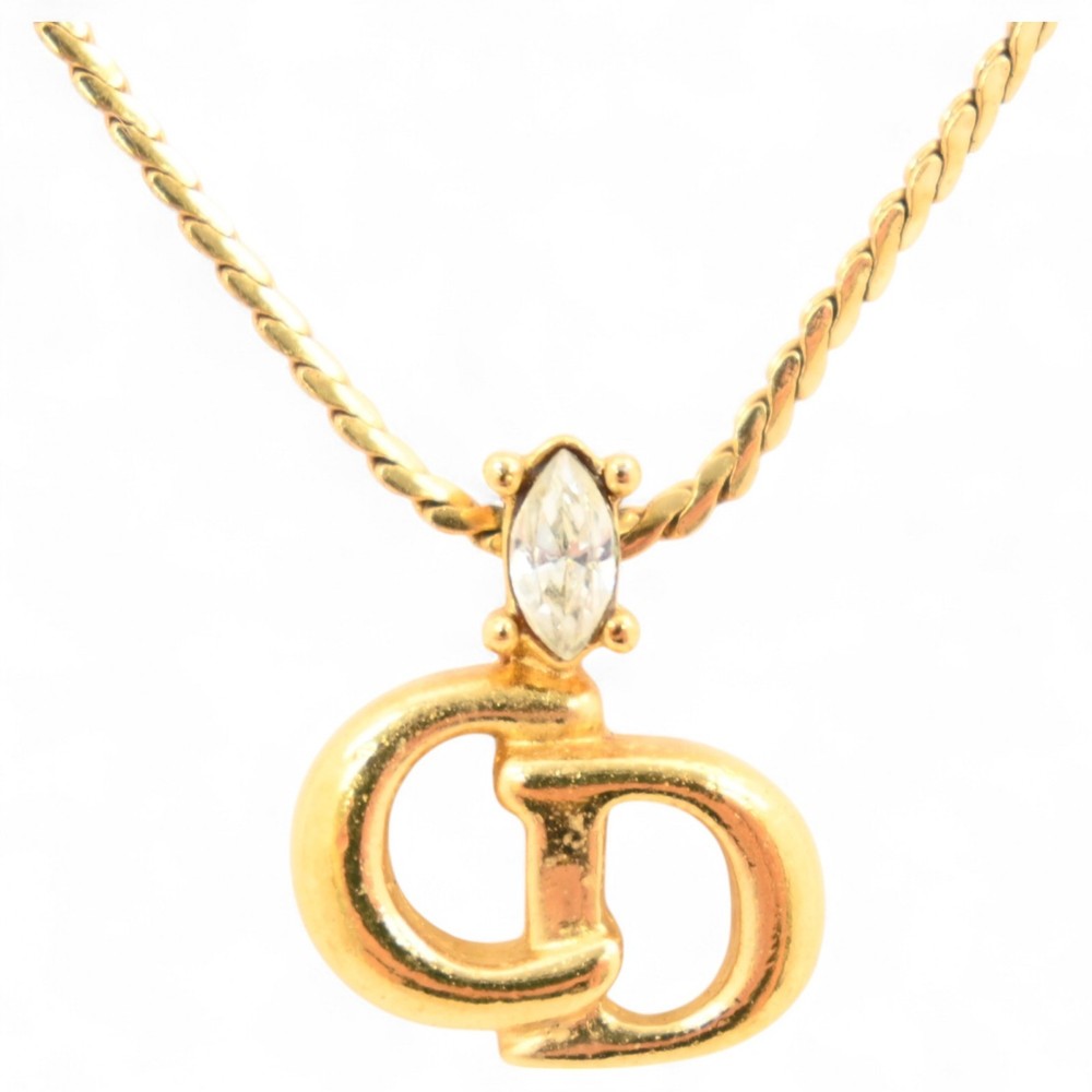 Auth Dior necklace logo x rhinestone gold di9909ng