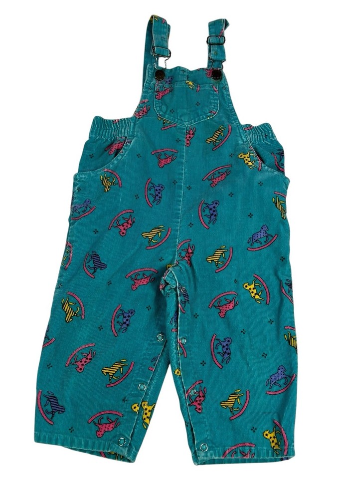 Vintage McKids McDonalds Teal Rocking Horse Corduroy Overalls Kids Child Size 2T