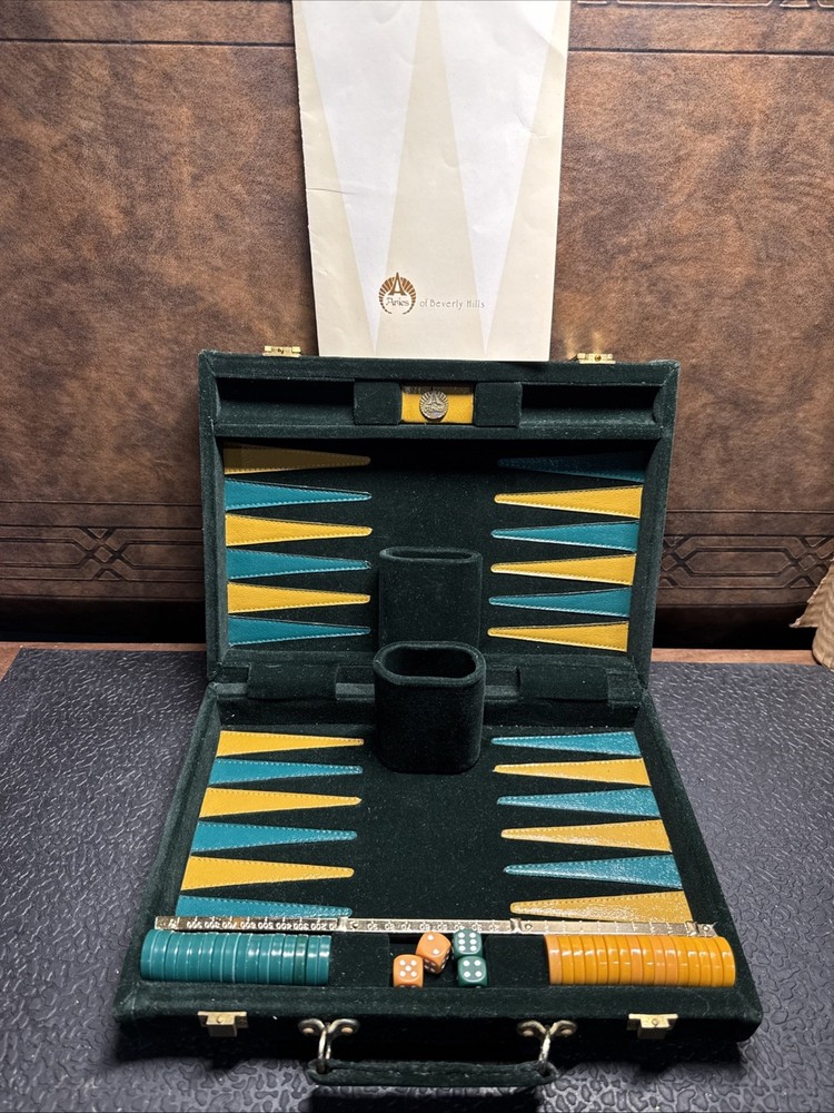 Aries Vintage Dark Green & Gold Mustard Yellow Velvet Backgammon Travel Set Case