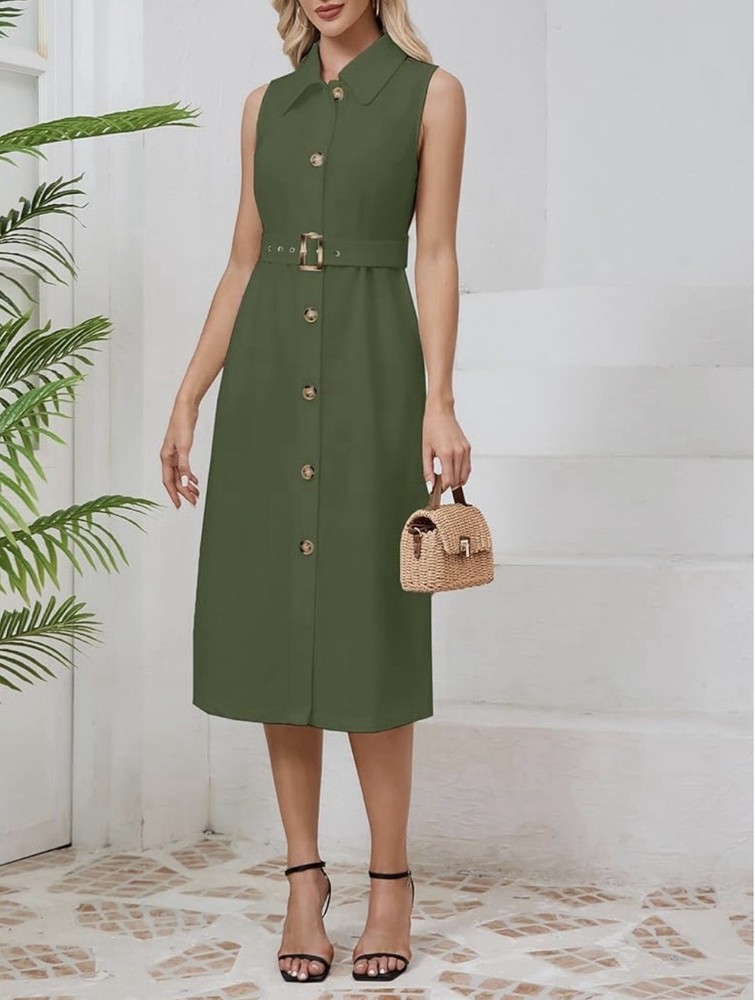 Green Sleeveless Collared Button Front Belted Midi Shirt Dress