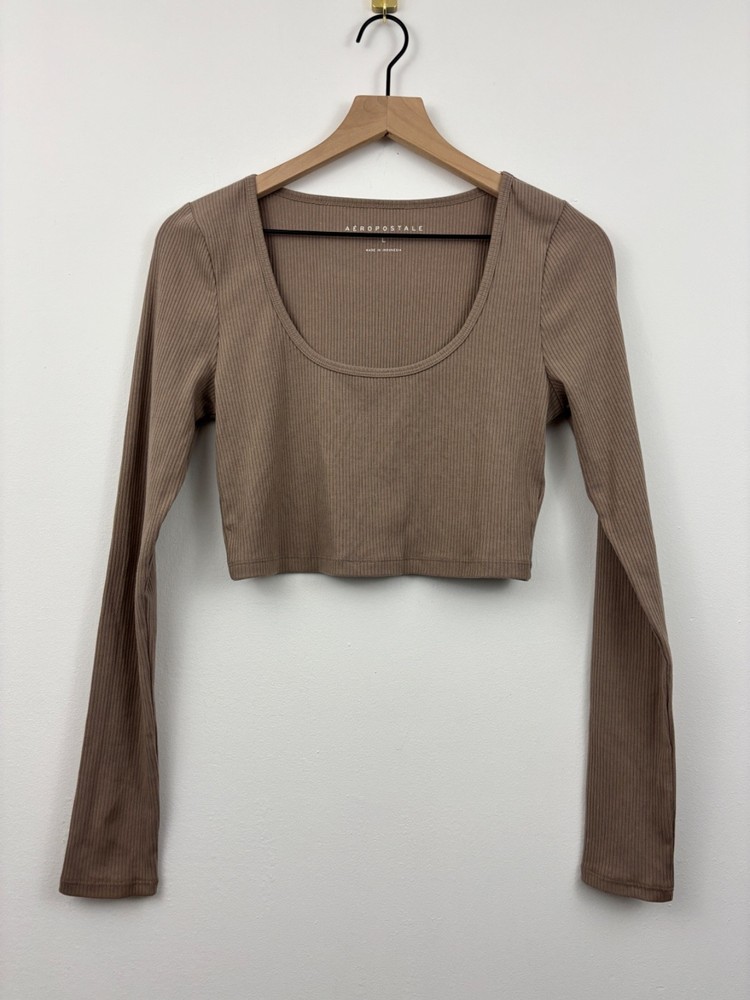 Aeropostale Womens Ribbed Long Sleeve Crop Top Scoop Neck Size L Taupe
