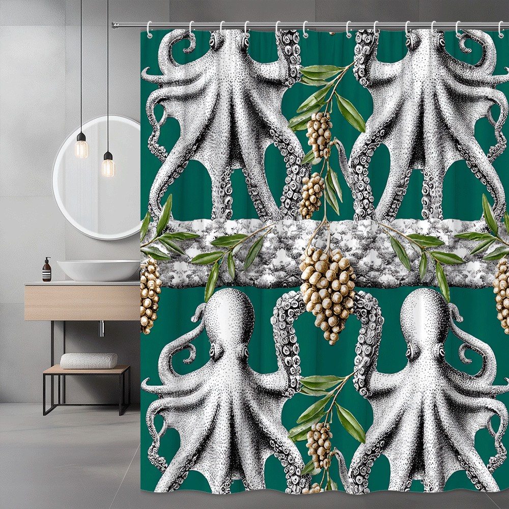 Octopus Shower Curtain Green Nautical Ocean Print