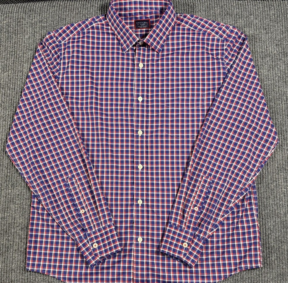 UNTUCKit Shirt Mens XL Slim Fit Check Plaid Stretch Button Up Long Sleeve Blue
