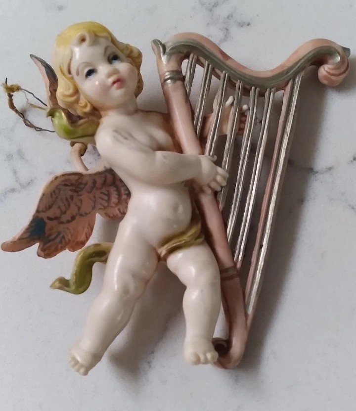 Vintage Italy Angel Cherub Christmas Tree Ornament With Harp Figure